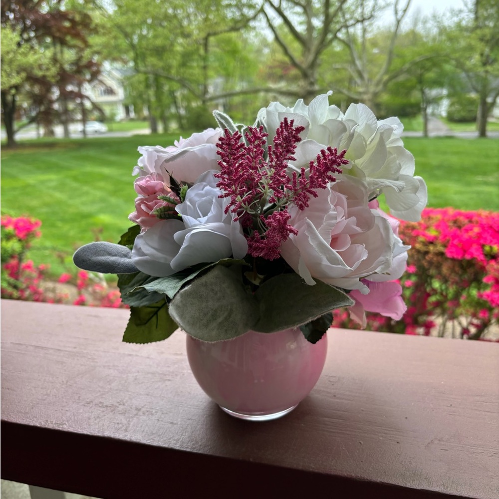 Artificial flower arrangement in hand painted vase ($40 each)